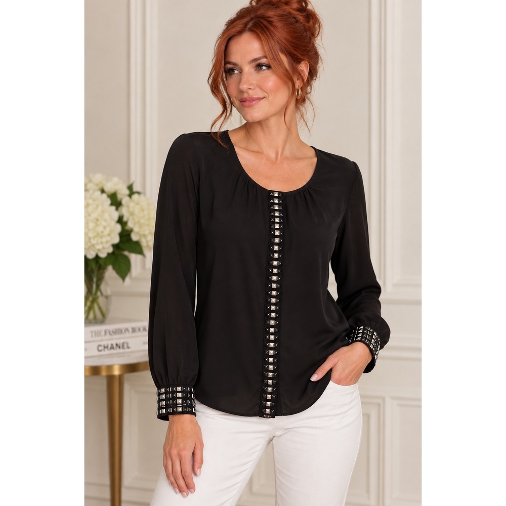 Nanette Lepore Black 100% Silk Studded Embellished Blouse Size 8